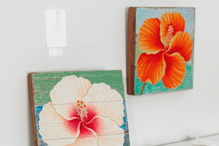 Două tablouri din lemn cu motive florale atârnă pe perete cu un cârlig adeziv.