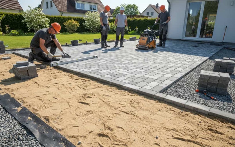 Lucrări de pavaj în grădină cu pietre de pavaj, nisip și placă vibrantă