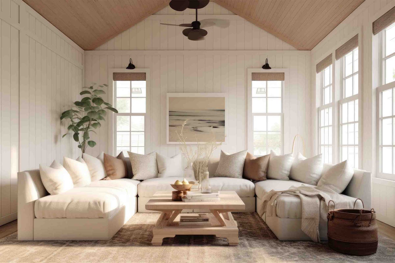 Living luminos cu o canapea colțar mare albă, măsuță de cafea din lemn și panouri de perete. Ferestrele mari oferă lumină naturală.