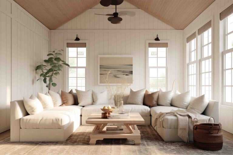 Living luminos cu o canapea colțar mare albă, măsuță de cafea din lemn și panouri de perete. Ferestrele mari oferă lumină naturală.