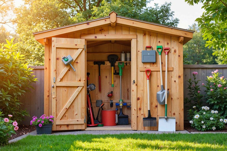 Șopron de grădină din lemn cu uși deschise și diverse unelte de grădinărit