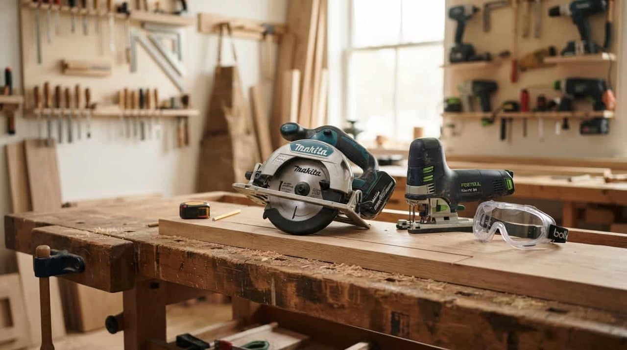 Un ferăstrău circular Makita, un ferăstrău vertical Festool și ochelari de protecție pe un banc de lucru din lemn într-un atelier organizat.