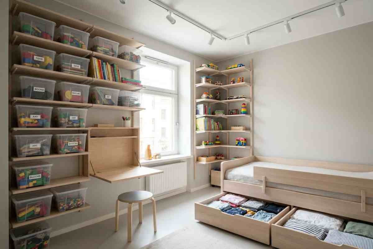 Camera de copii luminoasa cu sistem de rafturi din lemn, cutii transparente, birou pliabil si pat cu sertare de depozitare.