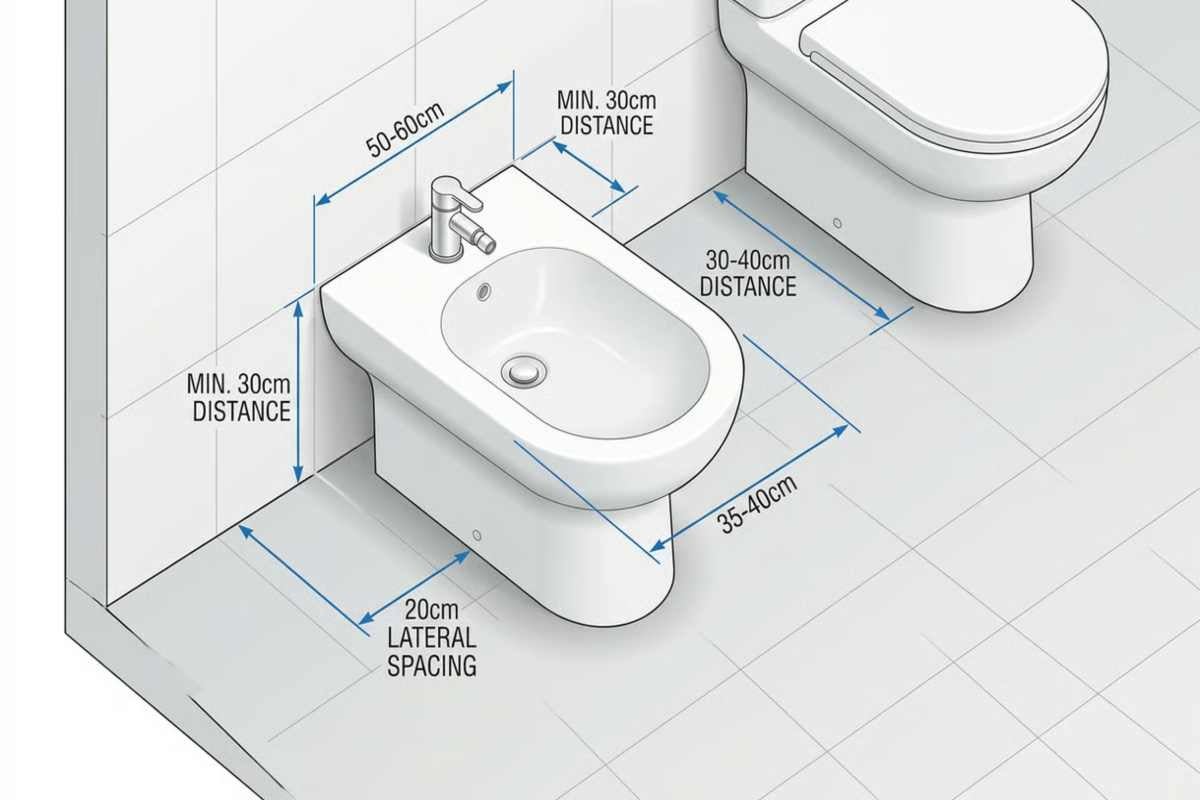 Desen tehnic care prezintă distanțele minime recomandate și dimensiunile de instalare pentru un bideu și un vas de toaletă.