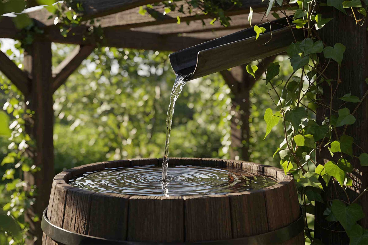 Apa curge dintr-un jgheab într-un butoi de lemn pentru colectarea apei de ploaie într-o grădină.