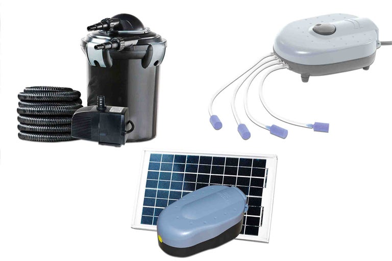 Filtru de iaz cu pompă, furtun, pompă de aer cu furtunuri și aerator solar pentru iazuri