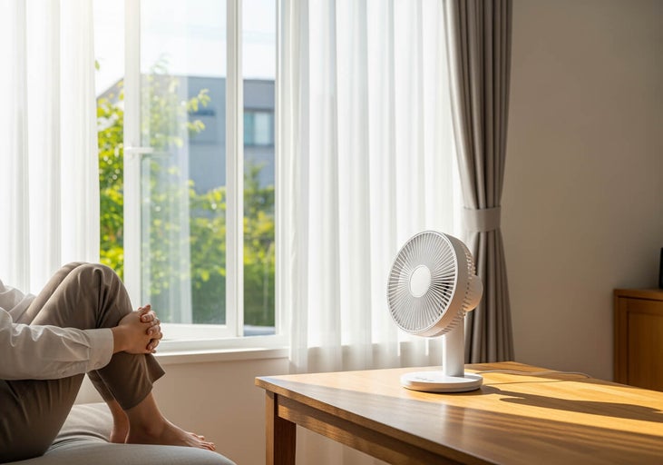 Ventilator de masă mic din plastic alb pe o masă din lemn într-o cameră de zi luminoasă și modernă, lângă o fereastră.