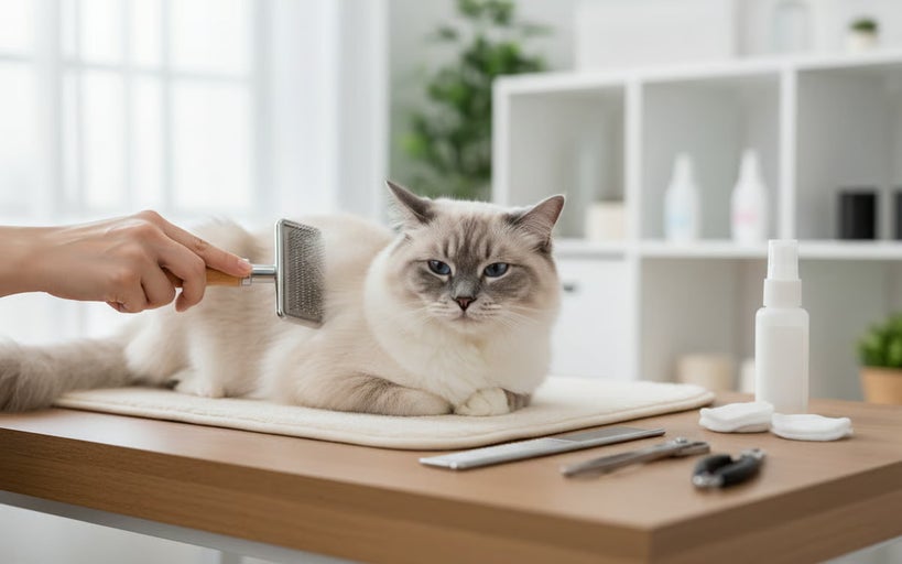 O pisică este periată cu o perie