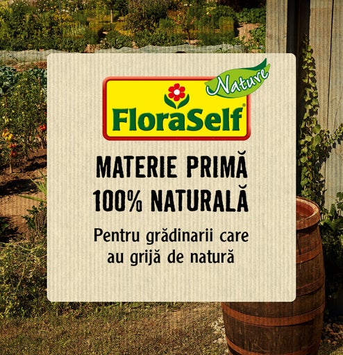 Logo FloraSelf: Materie primă, 100% naturală. Pentru grădinarii care au grijă de natură.