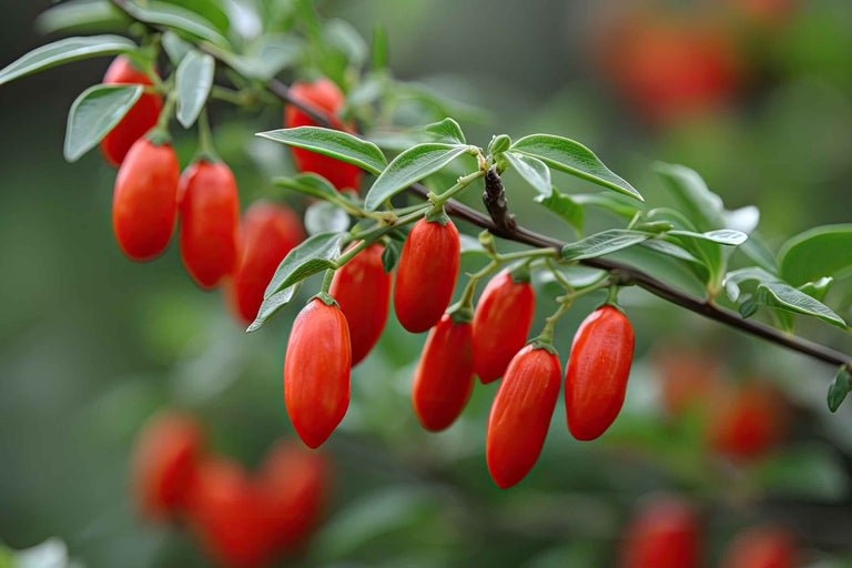 Fructe goji pe ramură cu frunze