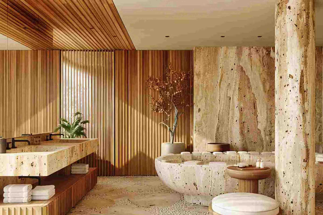 Baie modernă cu cadă din piatră naturală, lavoar dublu, placare cu lamele din lemn și pardoseală din piatră în stil spa luminos.