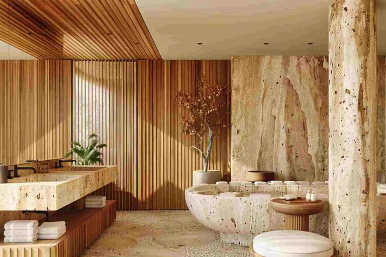Baie modernă cu cadă din piatră naturală, lavoar dublu, placare cu lamele din lemn și pardoseală din piatră în stil spa luminos.