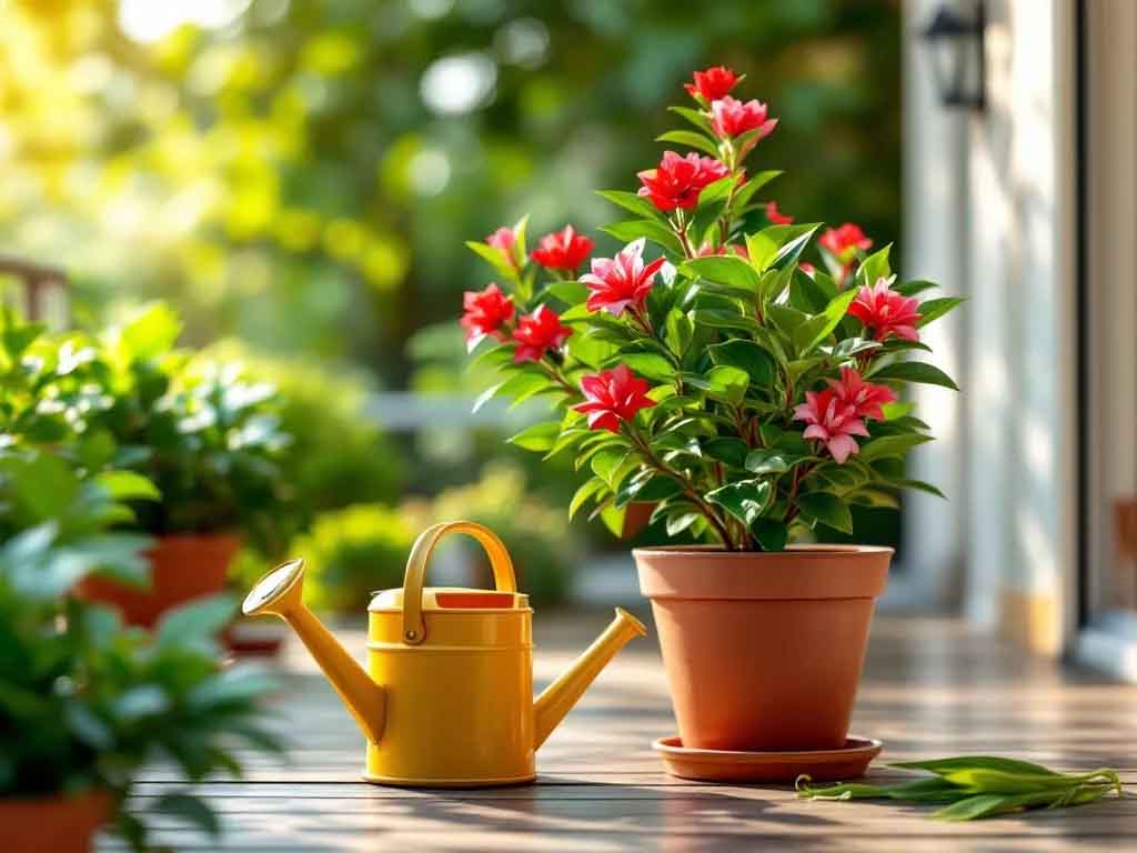 Udătoare lângă o plantă la ghiveci cu flori roșii pe o terasă