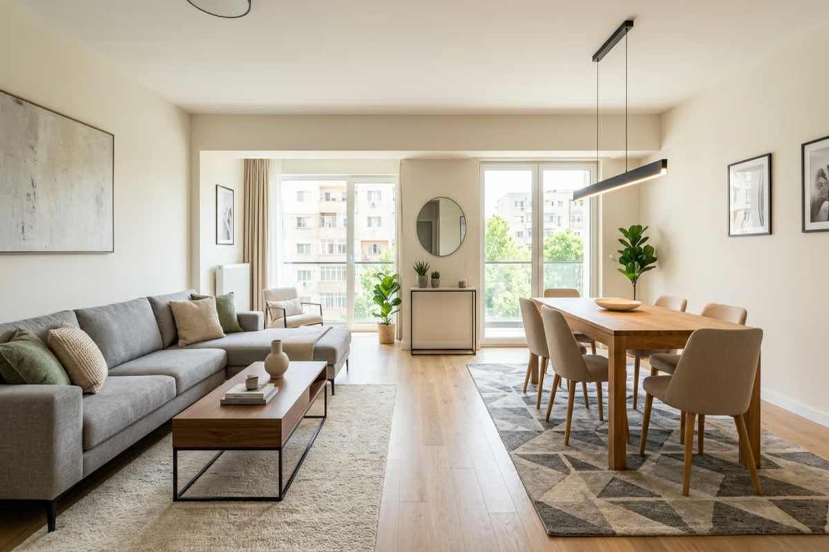 Living și sufragerie moderne, deschise, cu canapea de colț gri, măsuță de cafea din lemn și masă cu scaune bej.