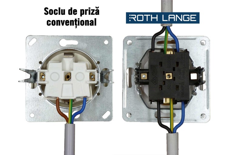 Prim-plan cu o priză convențională cu conexiuni electrice de la marca Roth Lange