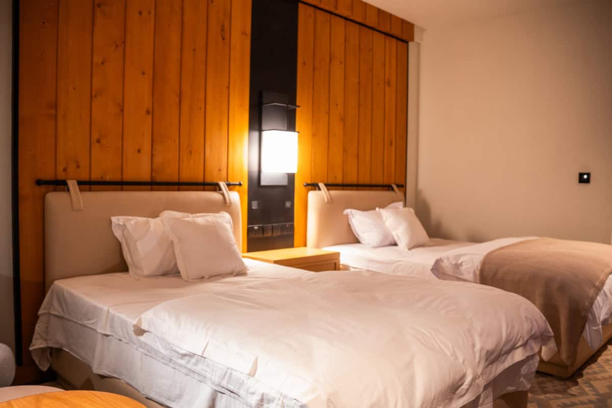 Două paturi de hotel cu panouri de lemn în fundal