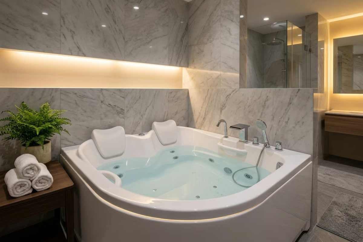 Baie modernă cu cadă cu hidromasaj de colț albă, faianță cu aspect de marmură și iluminare indirectă într-o nișă de perete.