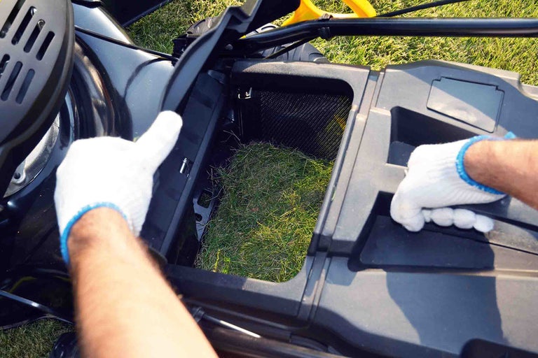 Coș de colectare al unei mașini de tuns iarba cu resturi de iarbă