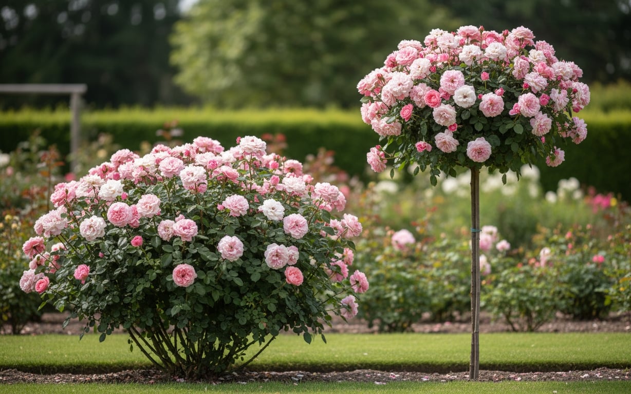 Doi arbuști de trandafiri cu flori roz în grădină.