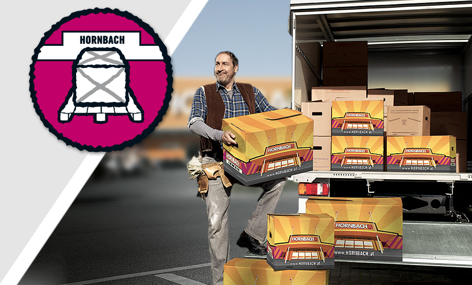 Un meșter încarcă cutii cu logo-ul Hornbach într-o furgonetă de livrare. Logo Hornbach.