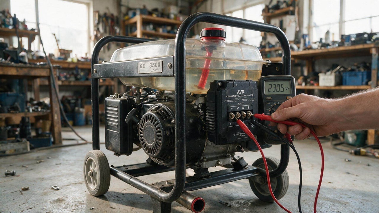 Un generator electric model GG 3500 cu regulator automat de tensiune este verificat cu un multimetru într-un atelier.