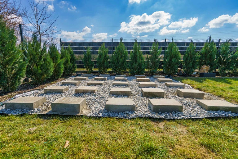 Scenă de grădină cu plăci de pavaj pe pietriș între plante și gard