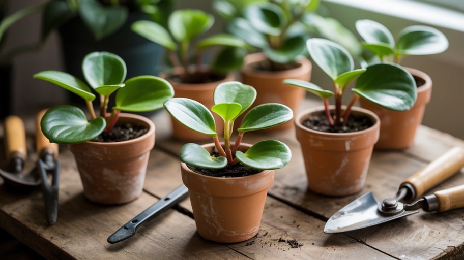 Mai multe plante Peperomia în ghivece de teracotă și unelte de grădinărit pe o masă de lemn