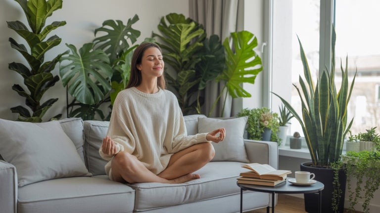 Apartament luminos cu plante de interior și femeie care meditează pe canapea