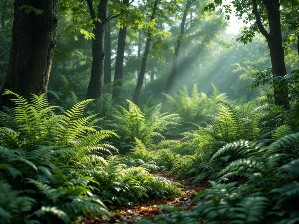 Scenă de pădure cu ferigi și raze de soare