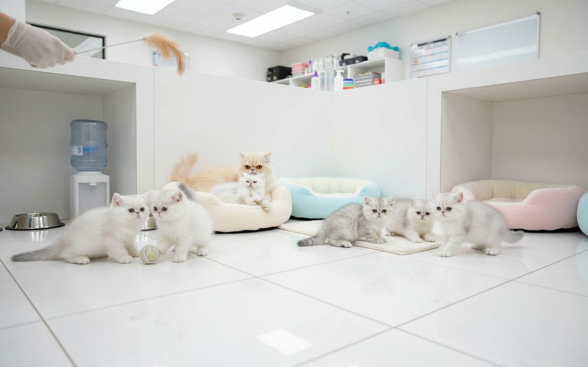 Cabinet veterinar luminos, organizat, cu pisici, paturi pentru pisici și jucării