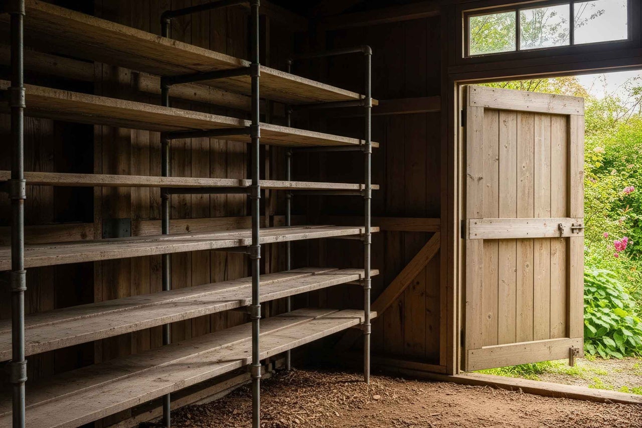 Sistem de rafturi din lemn și metal într-o căsuță de grădină deschisă