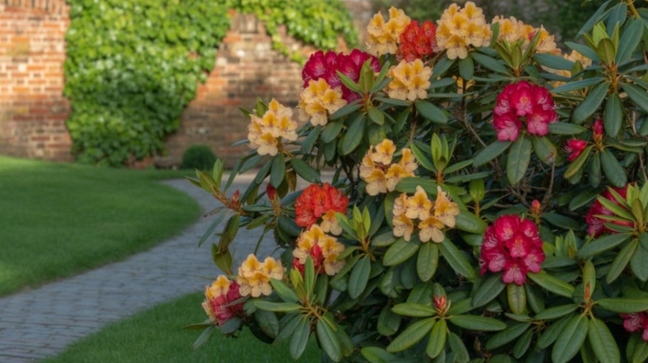 Peisaj de grădină cu rododendron înflorit și potecă zidită
