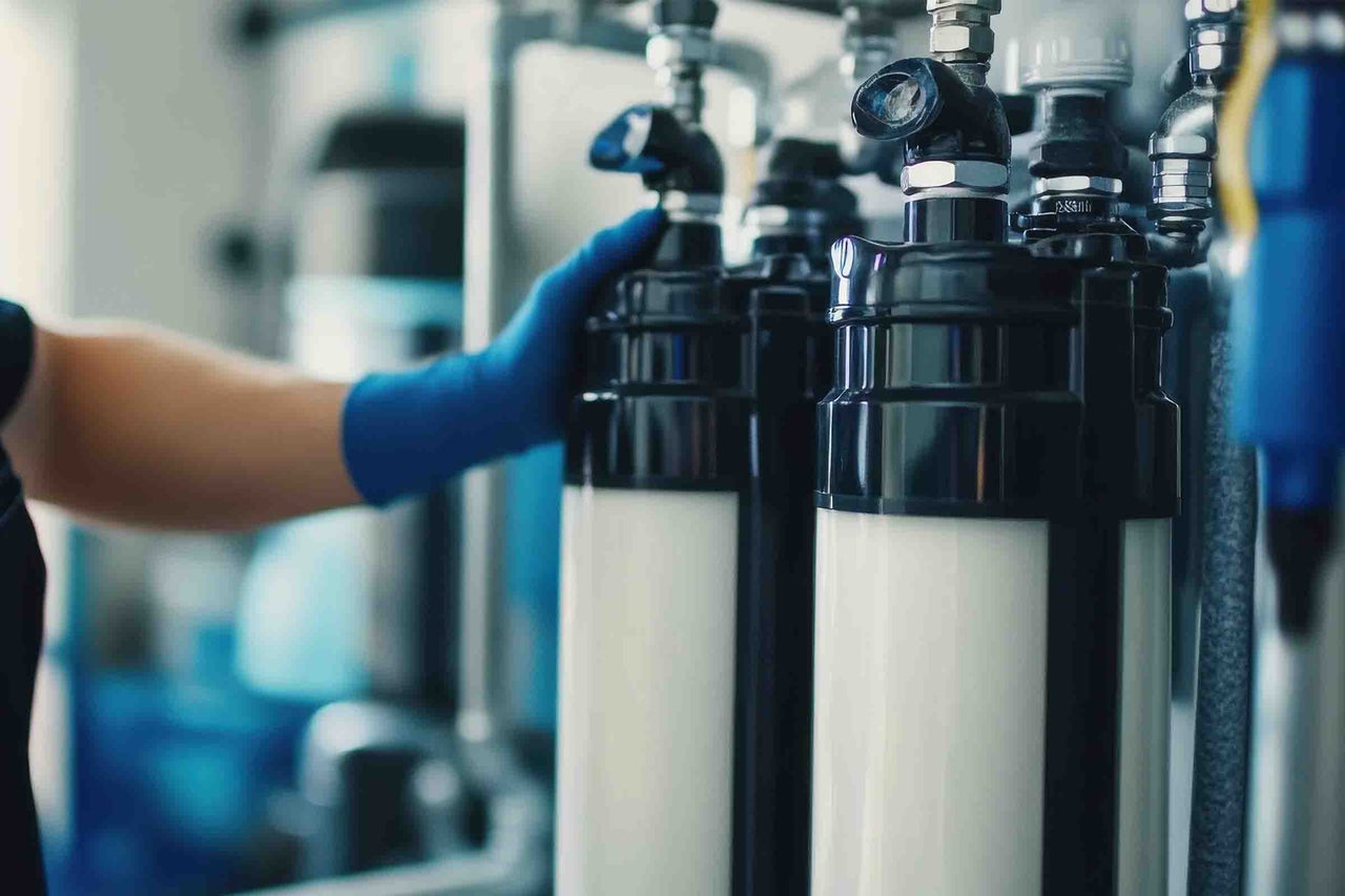 O persoană cu o mănușă de protecție verifică un sistem de filtrare a apei organizat tehnic, cu mai multe carcase de filtru cilindrice.