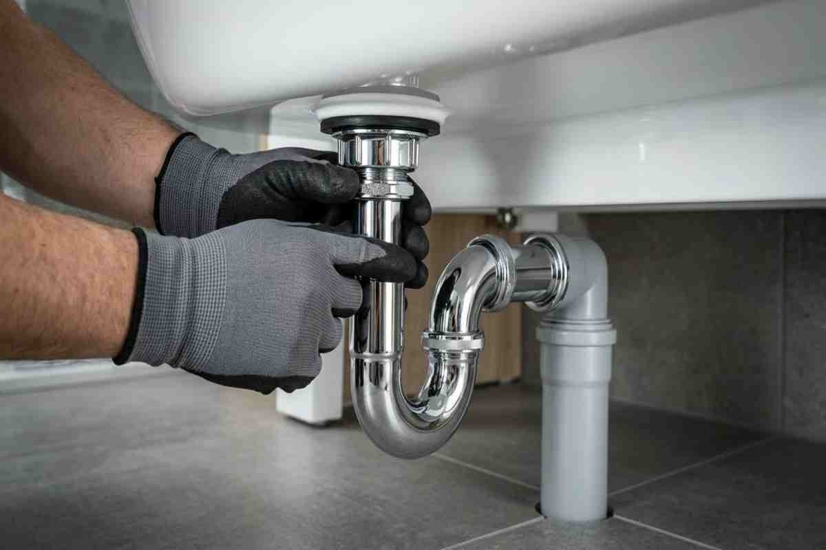 Montarea unui sifon cromat sub o chiuvetă de către o persoană cu mănuși de protecție.