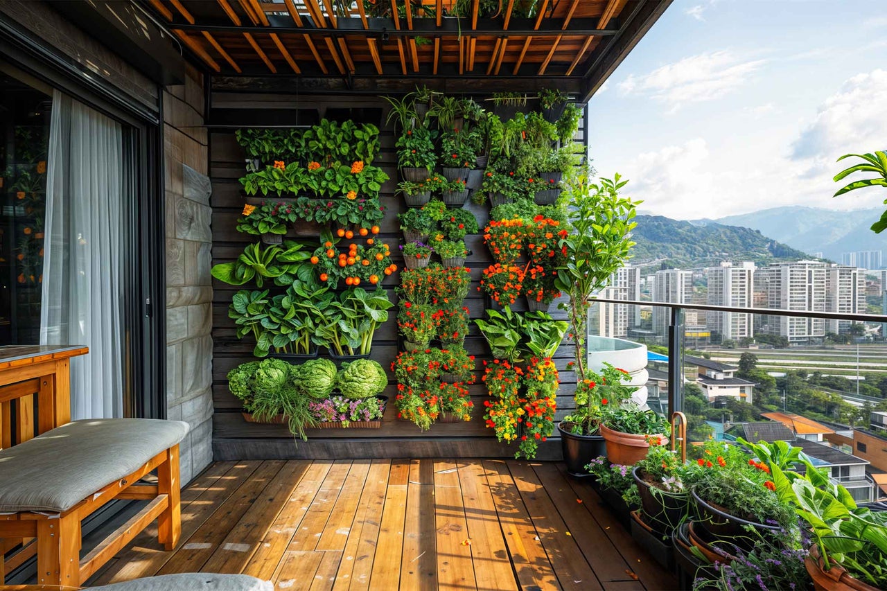 Amenajare balcon cu grădină verticală pe perete de lemn, podea din lemn, plantare de ierburi și flori, spațiu luminos și organizat.