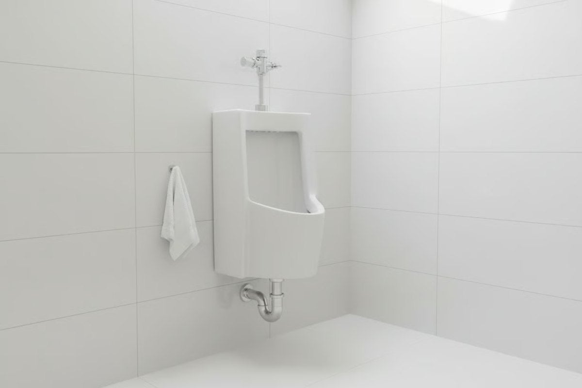 Pisoar suspendat din ceramică cu robinet de spălare și sifon într-o baie cu gresie luminoasă.