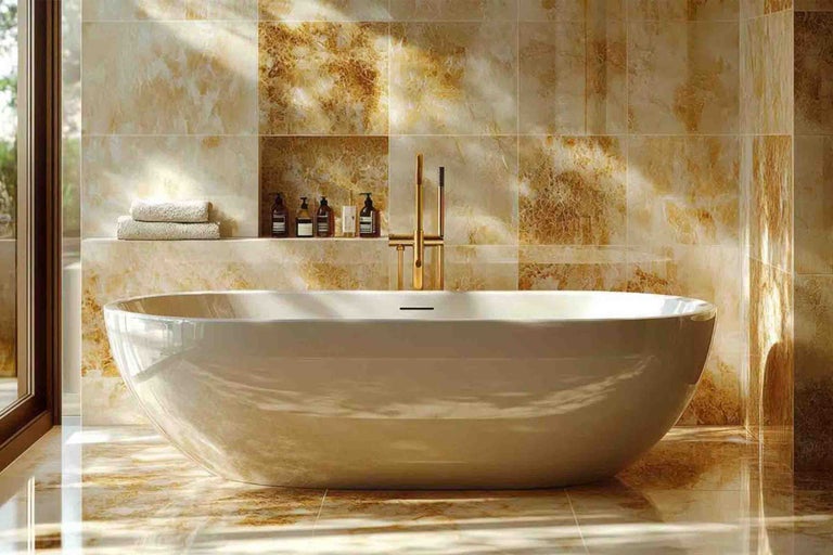 Amenajare baie cu travertin: idei rafinate pentru lavabo, cadă și finisaje elegante