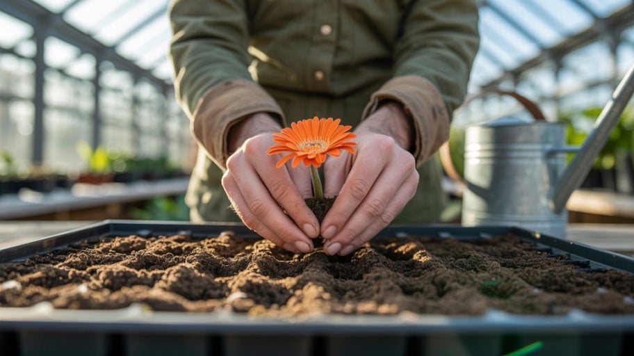 Persoană care plantează gerbera în alveole într-o seră.