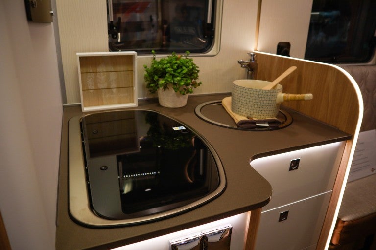 Zonă de bucătărie într-o rulotă cu plită, chiuvetă, oală, plantă și ramă decorativă