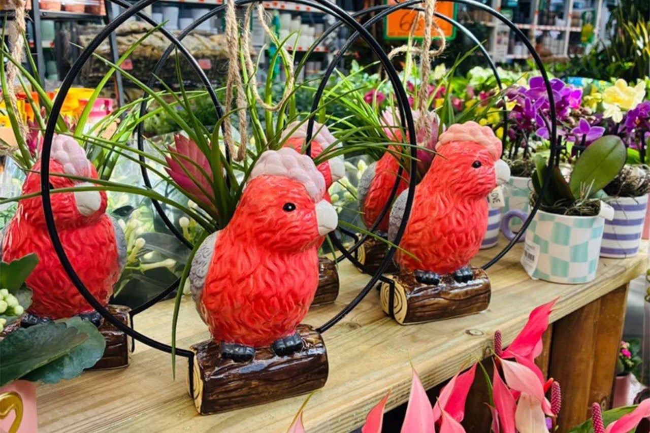 Figurină decorativă cacadu pe soclu de lemn într-un aranjament de plante cu dispozitiv de suspendare