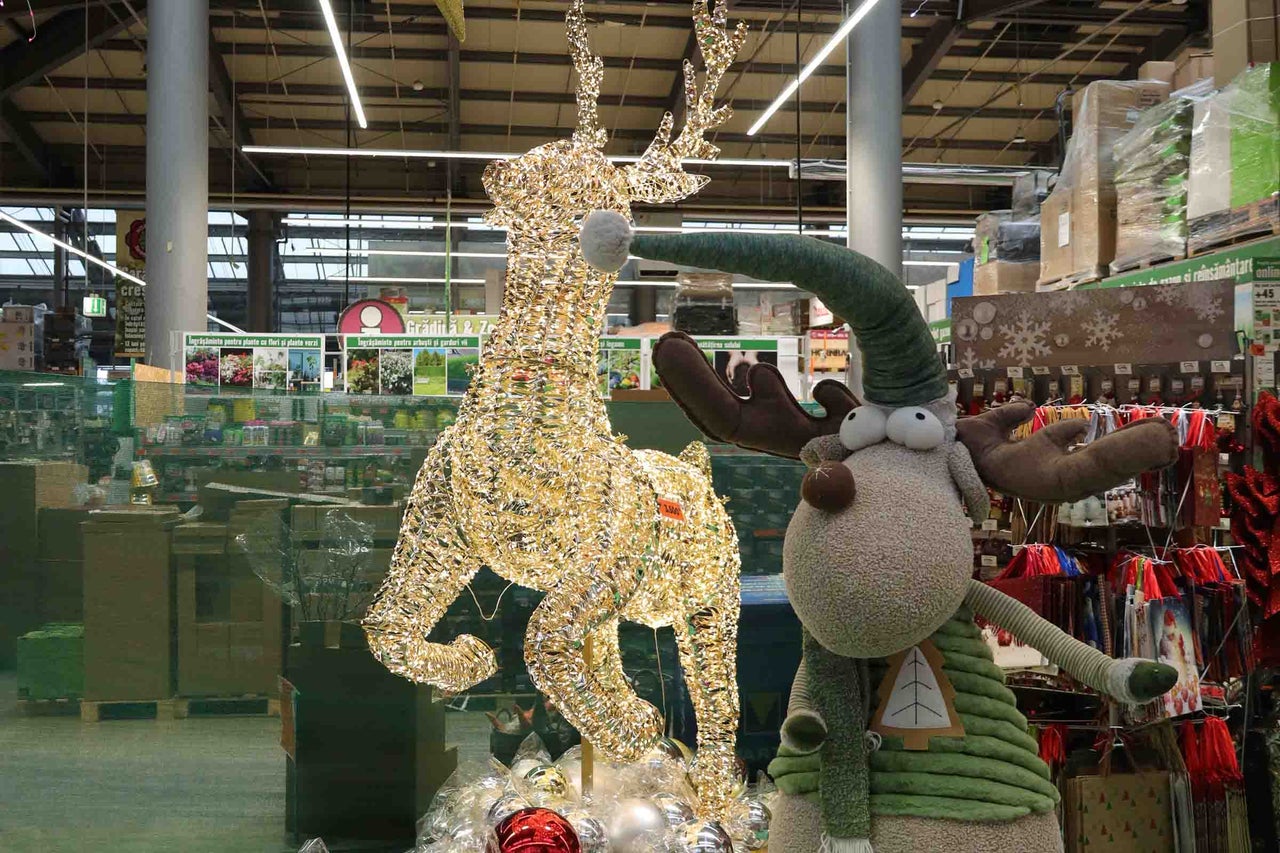 Decoratiune de Craciun cu ren luminos din plasa metalica si figurina ren din plus in magazinul Hornbach