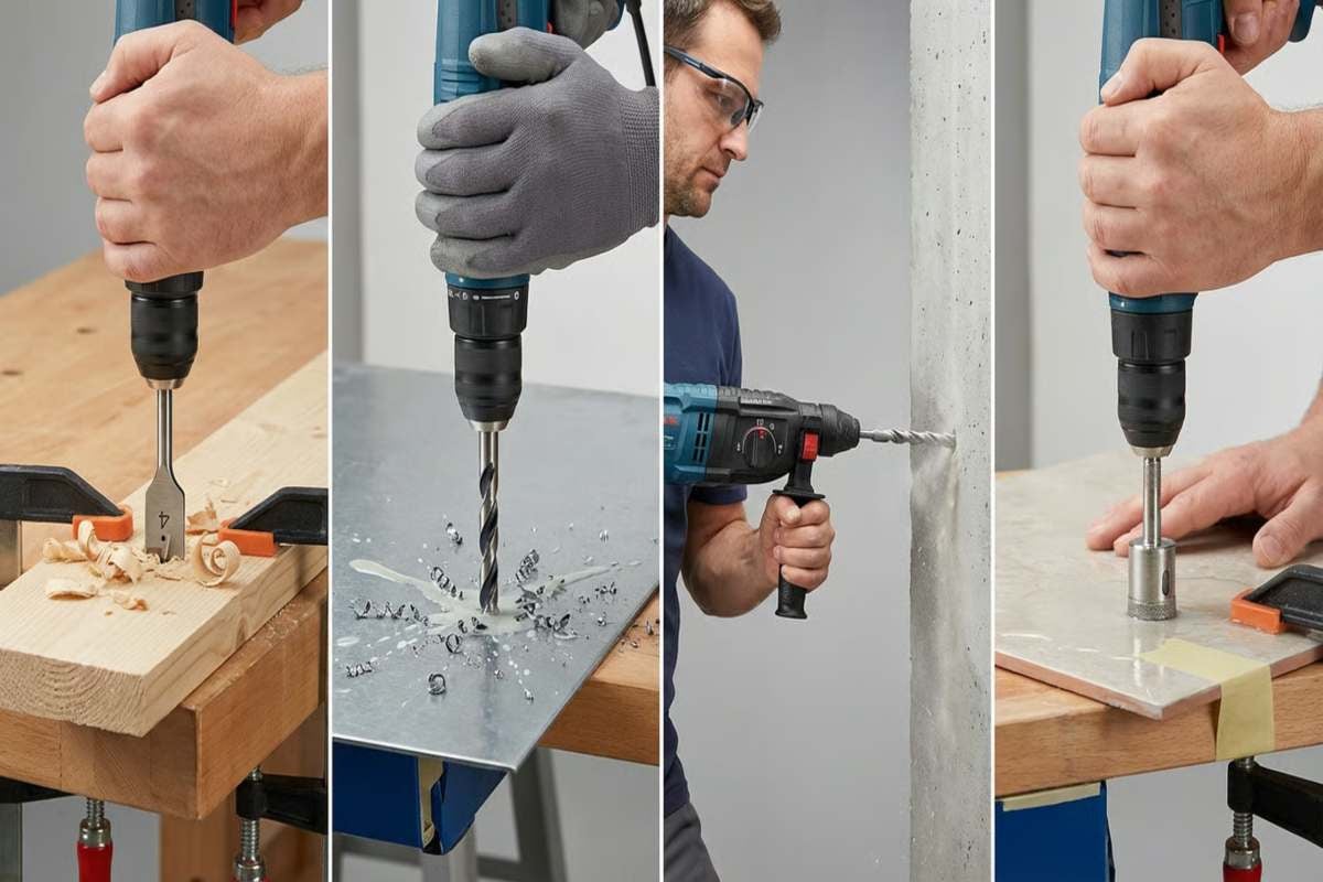 Aplicații ale unei mașini de găurit la găurirea lemnului, metalului, pietrei și a plăcilor ceramice