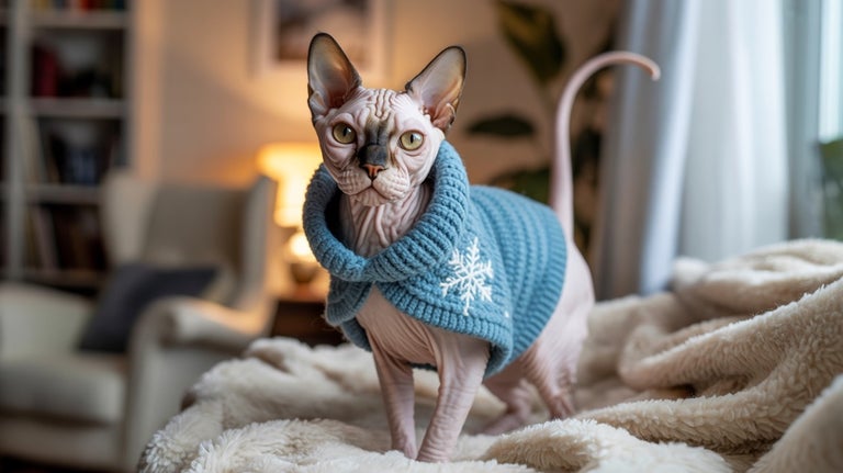 O pisică Sphynx poartă un pulover tricotat cu un model de fulgi de zăpadă