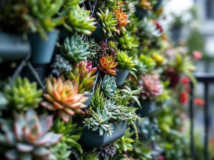 Grădină verticală cu diverse suculente în ghivece pentru decorarea pereților