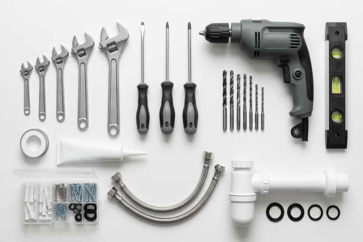 Sortiment de unelte și articole sanitare, inclusiv chei reglabile, șurubelnițe, mașină de găurit, nivelă cu bulă de aer și sifon.