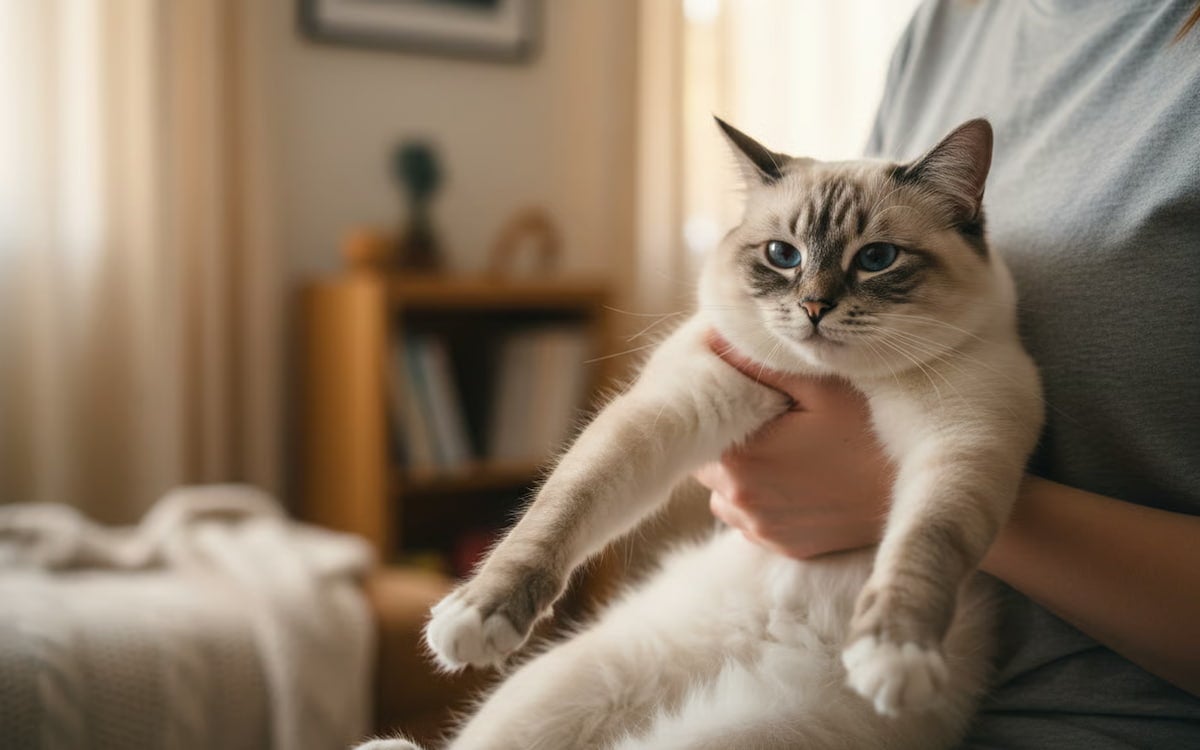 O pisică siameză este ținută de o persoană