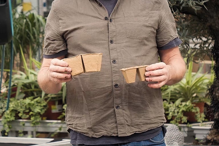 O persoană ține două tăvițe pentru răsaduri