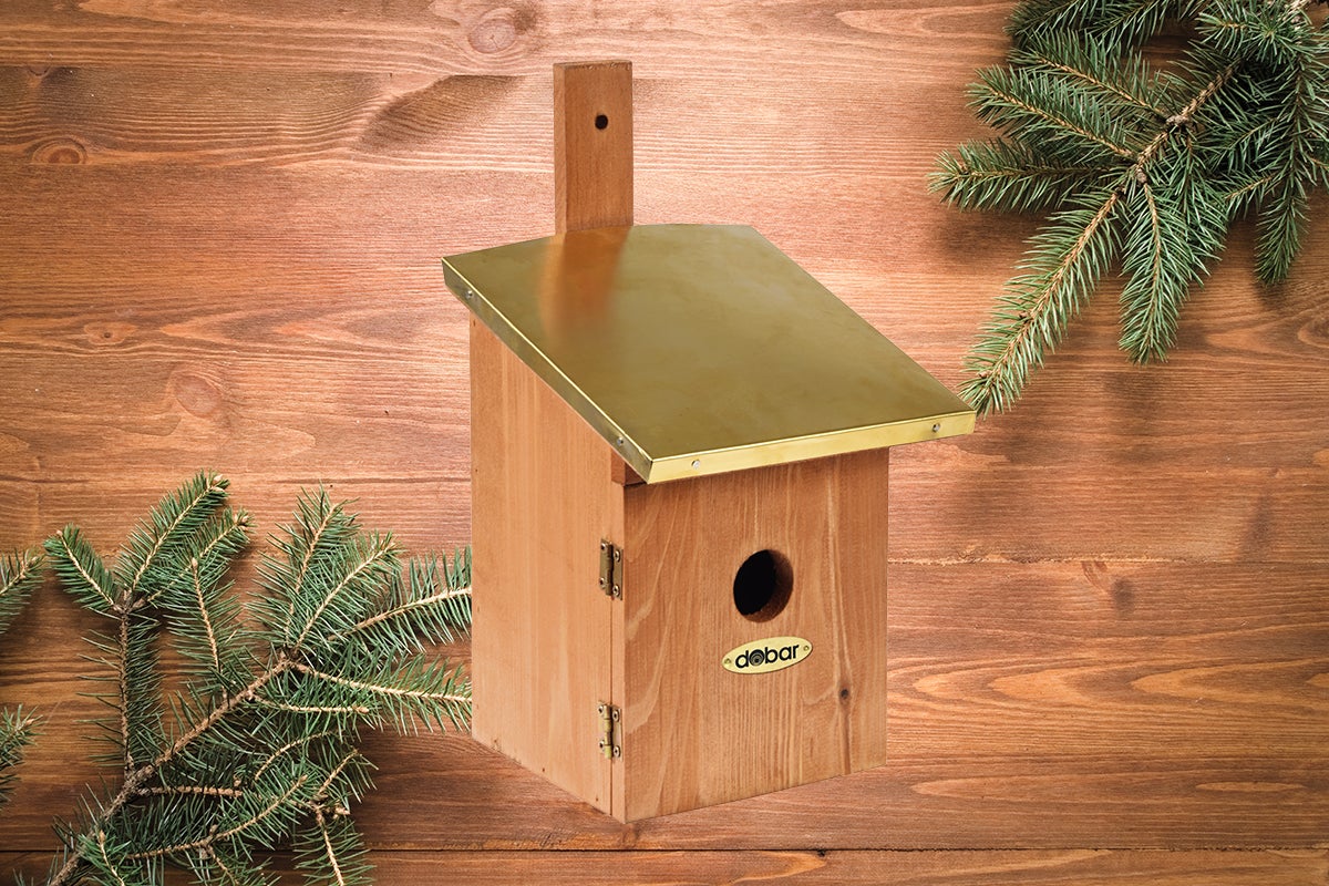 Căsuță pentru păsări din lemn cu acoperiș metalic și logo Dobar