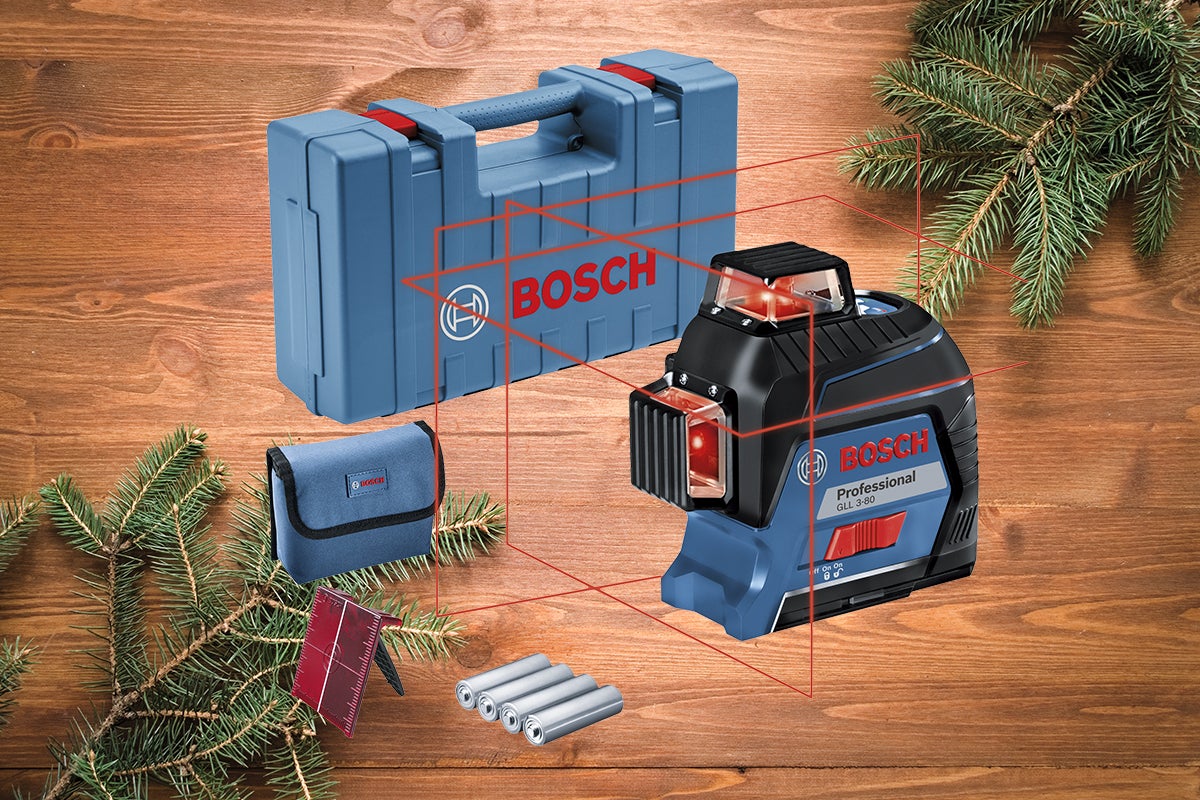 Laser de linii Bosch GLL 3-80 Professional cu accesorii pe fundal de lemn