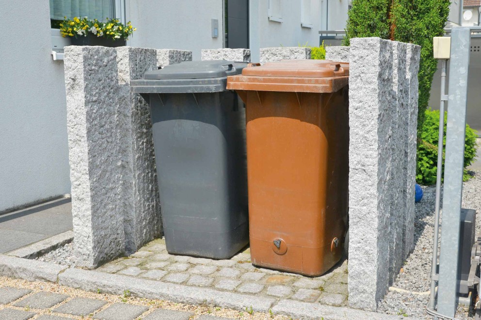 Două pubele într-un container de gunoi din piatră